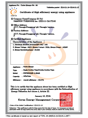 Namwon Turbo One效率認證書